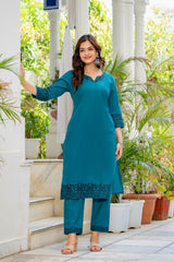Teal Blue Embroidered Cotton Flex Kurta and Pant Set with Dupatta