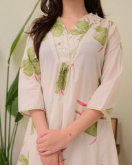 Off White Floral Printed Cotton Kurta and Palazzo Set