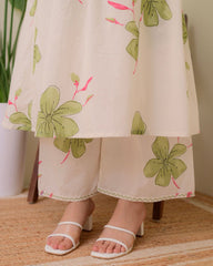 Off White Floral Printed Cotton Kurta and Palazzo Set