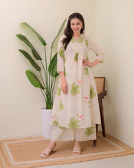 Off White Floral Printed Cotton Kurta and Palazzo Set