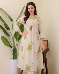 Off White Floral Printed Cotton Kurta and Palazzo Set