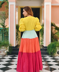 Yellow Orange Multicolored Embellished Rayon Anarkali Gown