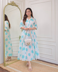 White Aqua Polka Dot Printed Rayon Anarkali Gown