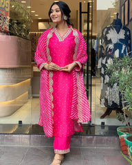 Pink Embroidered Chinon Suit Set with Lehariya Dupatta
