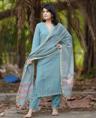 Slate Blue Embroidered Cotton Kurta and Pant Set with Dupatta