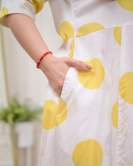 White Yellow Polka Dot Printed Rayon Anarkali Gown