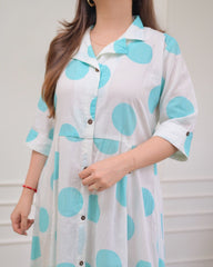 White Aqua Polka Dot Printed Rayon Anarkali Gown