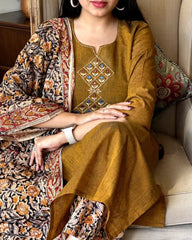 Ruddy Brown Embroidered Handloom Cotton Suit Set with Dupatta