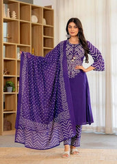 Purple Printed Cotton Kurta and Palazzo Set with Dupatta