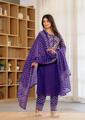 Purple Printed Cotton Kurta and Palazzo Set with Dupatta