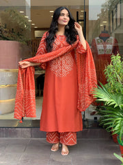 Orange Printed Cotton Kurta and Palazzo Set with Dupatta