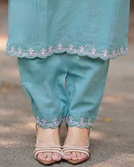 Slate Blue Embroidered Cotton Kurta and Pant Set with Dupatta