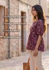 Wine Printed Cotton Short Kurti
