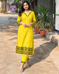 Yellow Embroidered Cotton Kurta and Pant Set
