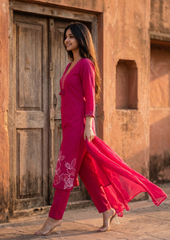 Pink Embroidered Cotton Kurta and Pant Set with Dupatta