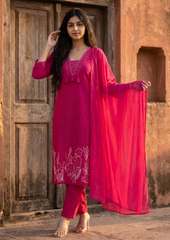 Pink Embroidered Cotton Kurta and Pant Set with Dupatta