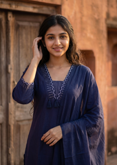 Navy Blue Embroidered Cotton Kurta and Pant Set with Dupatta