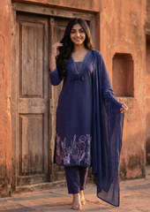 Navy Blue Embroidered Cotton Kurta and Pant Set with Dupatta