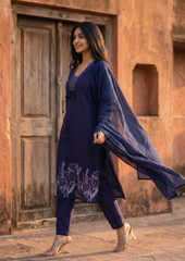 Navy Blue Embroidered Cotton Kurta and Pant Set with Dupatta