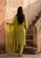 Green Embroidered Cotton Kurta and Pant Set with Dupatta