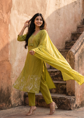 Green Embroidered Cotton Kurta and Pant Set with Dupatta