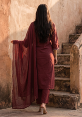 Maroon Embroidered Cotton Kurta and Pant Set with Dupatta