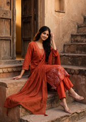 Orange Embroidered Cotton Kurta and Pant Set with Dupatta