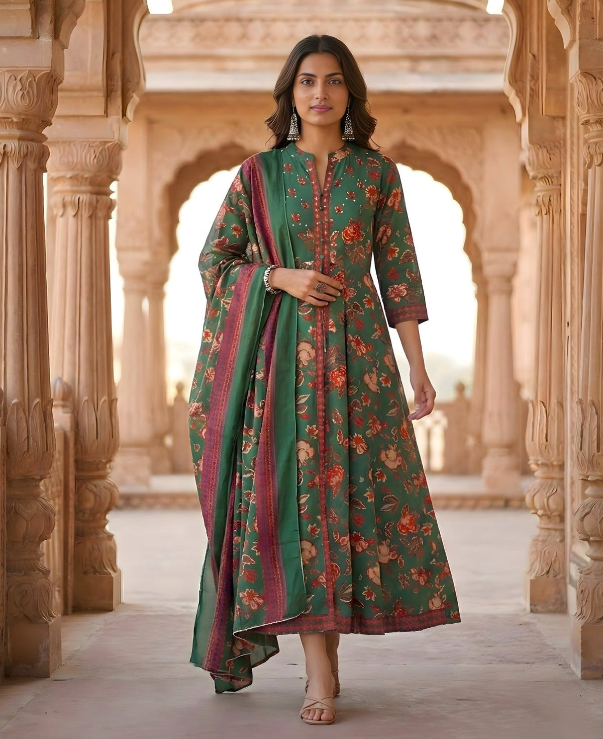 Woman in a green floral dress standing in an architectural setting with intricate carvings.