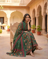 Green Floral Printed Cotton Anarkali Gown with Dupatta