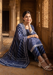 Blue Printed Muslin Kurta and Pant Set with Dupatta