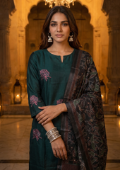 Sea Turtle Green Embroidered Cotton Flex Suit Set with Dupatta