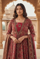 Dull Red Printed Cotton Anarkali Kurta and Pant Set with Dupatta