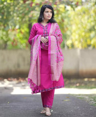 Pink Embroidered Cotton Kurta and Pant Set with Dupatta