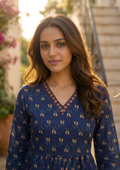 Blue Floral Printed Cotton Short Kurti