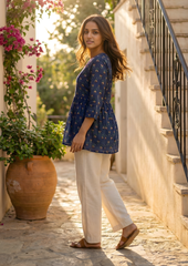 Blue Floral Printed Cotton Short Kurti