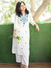 Off White Embroidered Cotton Kurta and Pant Set