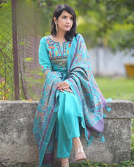 Sky Blue Embroidered Cotton Flex Kurta and Pant Set with Dupatta