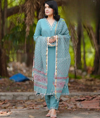 Slate Blue Embroidered Cotton Kurta and Pant Set with Dupatta