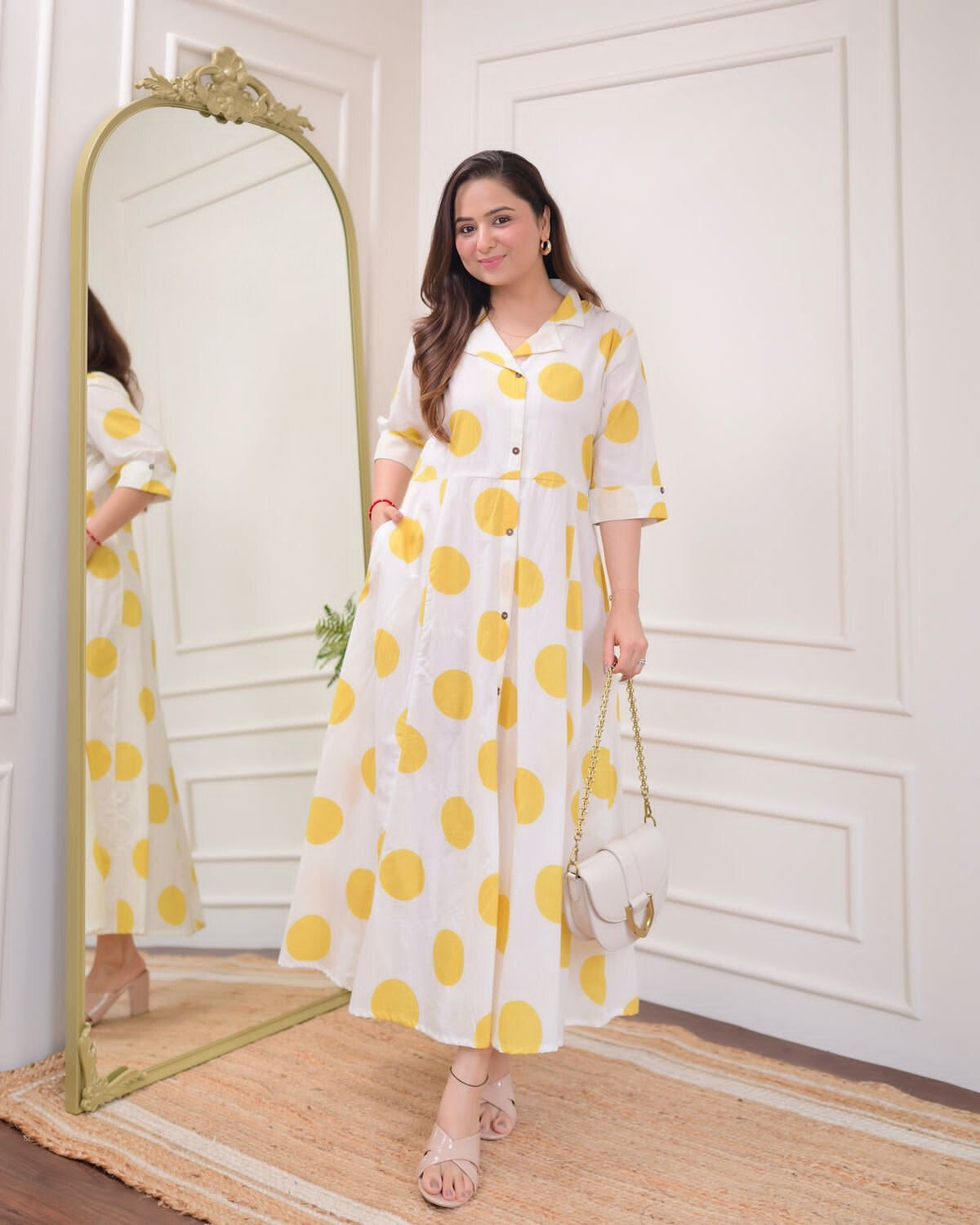 White Yellow Polka Dot Printed Rayon Anarkali Gown