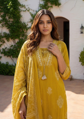 Dark Mustard Cotton Kurta And Pant Set With Mulmul Dupatta