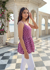 Pink Printed Sleeveless Cotton Short Kurti