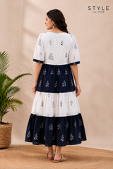 White Blue Printed Cotton Anarkali Gown