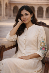 Off White Embroidered Cotton Flex Kurta and Pant Set