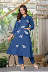 Blue Embroidered Cotton Co-Ord Set