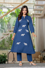 Blue Embroidered Cotton Co-Ord Set