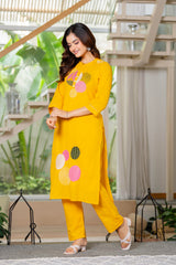 Yellow Embroidered Cotton Kurta and Pant Set