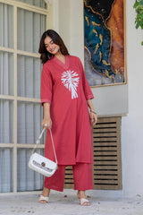 Pastel Red Embroidered Cotton Kurta and Pant Set
