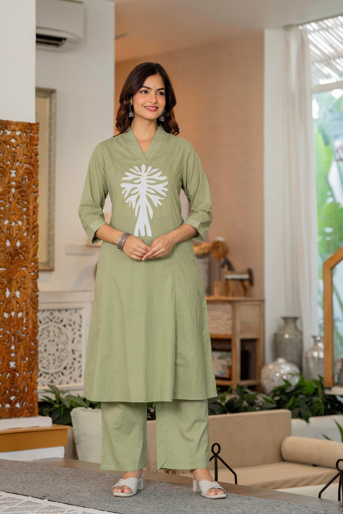 Green Embroidered Cotton Kurta and Pant Set