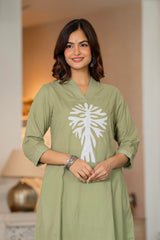 Green Embroidered Cotton Kurta and Pant Set