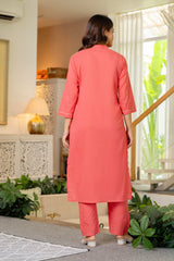 Peach Embroidered Cotton Kurta and Pant Set